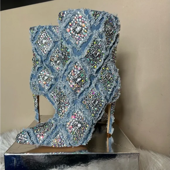 Denim Embellished Heel Bootie - Picture 1 of 7